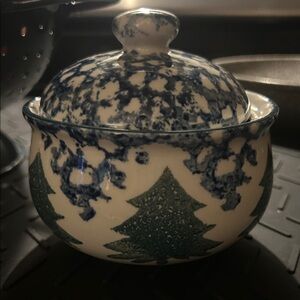 Tiemsman Folk Art pottery Hand-Painted Blue and Green Ceramic Lidded Jar